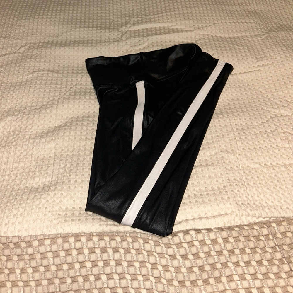 Faux leather white stripe leggings